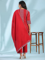Juniper Red Ethnic Motif Printed Cotton Voile Kurta With Pant & Dupatta With Pintucks At Front & Beadwork | Grocsy