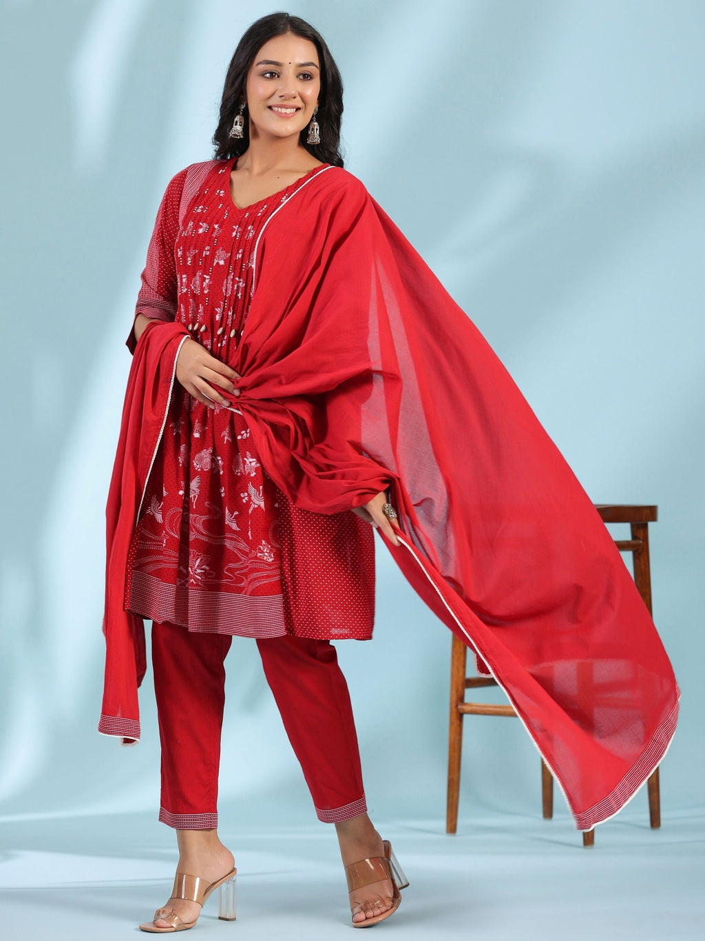 Juniper Red Ethnic Motif Printed Cotton Voile Kurta With Pant & Dupatta With Pintucks At Front & Beadwork | Grocsy