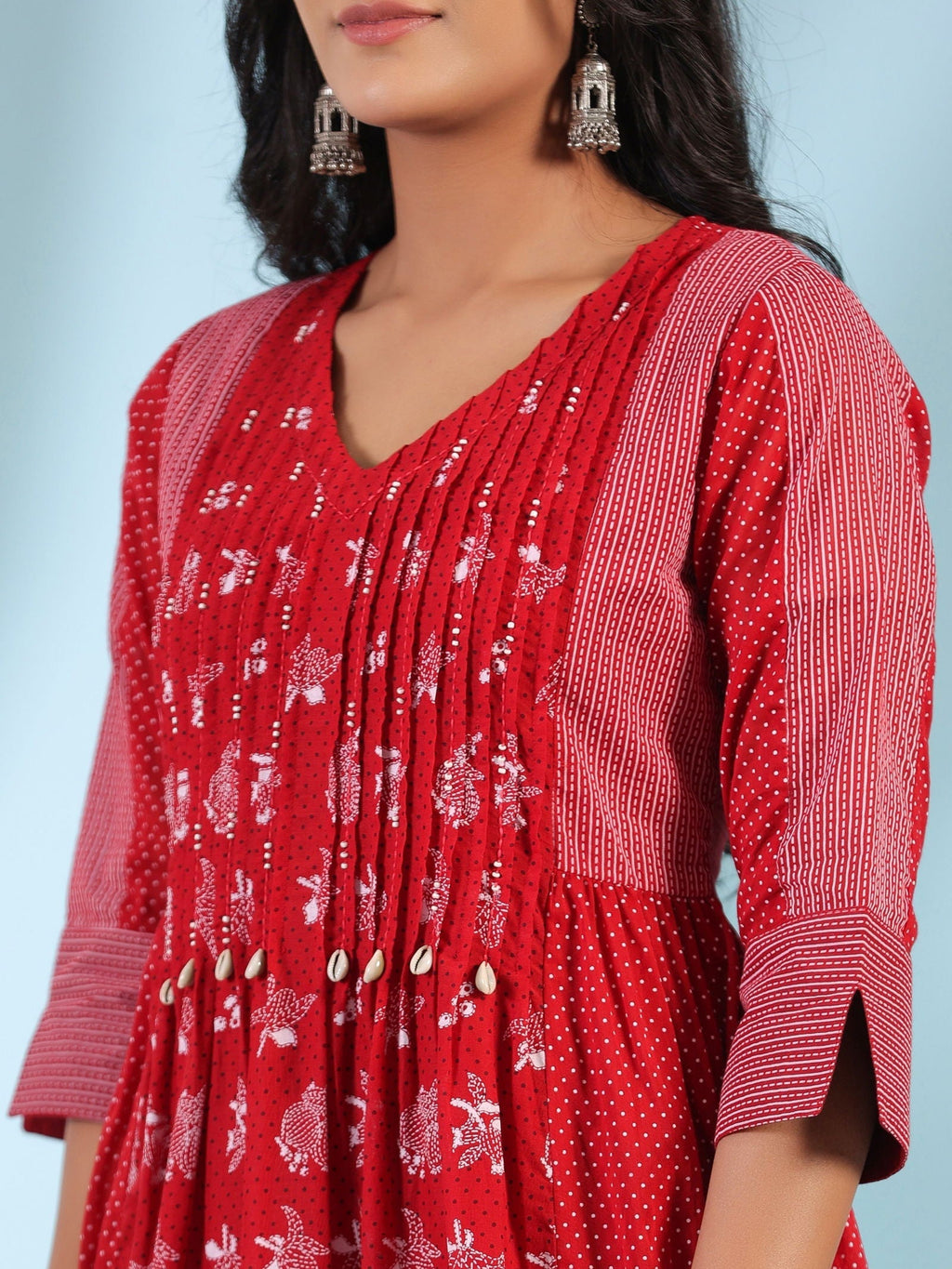Juniper Red Ethnic Motif Printed Cotton Voile Kurta With Pant & Dupatta With Pintucks At Front & Beadwork | Grocsy