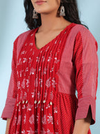 Juniper Red Ethnic Motif Printed Cotton Voile Kurta With Pant & Dupatta With Pintucks At Front & Beadwork | Grocsy