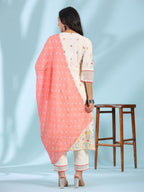 Juniper White Pure Cotton Floral Print Alia Cut Lacy Kurta With Pant & Dupatta Set With Tassel | Grocsy