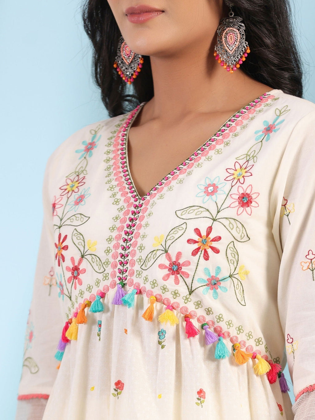 Juniper White Pure Cotton Floral Print Alia Cut Lacy Kurta With Pant & Dupatta Set With Tassel | Grocsy