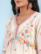 Juniper White Pure Cotton Floral Print Alia Cut Lacy Kurta With Pant & Dupatta Set With Tassel | Grocsy