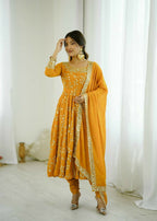 Teeya Creation Yellow Color Heavy Faux Georgette Embroidery Work Gown | Grocsy