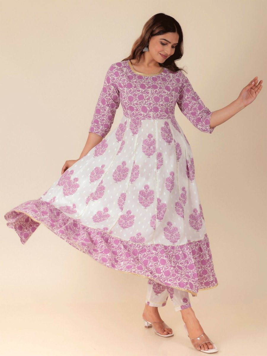 Aramya Anarkali Soft Cotton Floral Print Women's Kurta - White | Grocsy