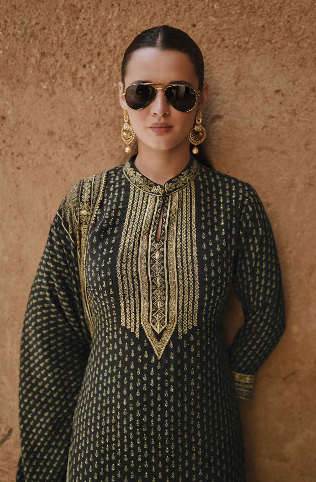 Anaita Black Silk Readymade Palazzo Suit with Swarovski Work | Grocsy