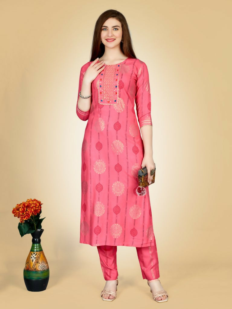 Jyoti Fashion Women's Pink Viscose Rayon Embroidered Kurta Pant Set | Grocsy