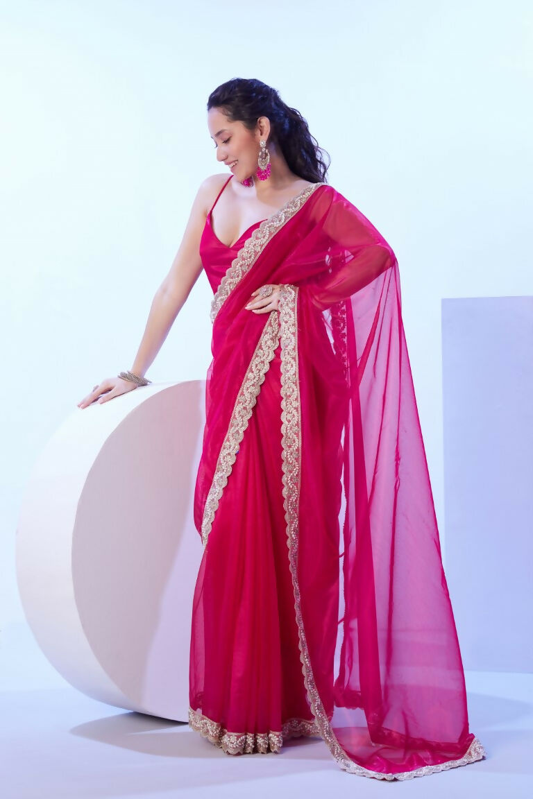 Pink C/H Net Solid Designer & Lace Work Saree - Samaa | Grocsy