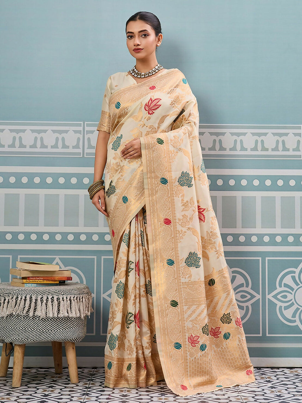Shree Shyam Fashion Cream Silk Saree | Grocsy