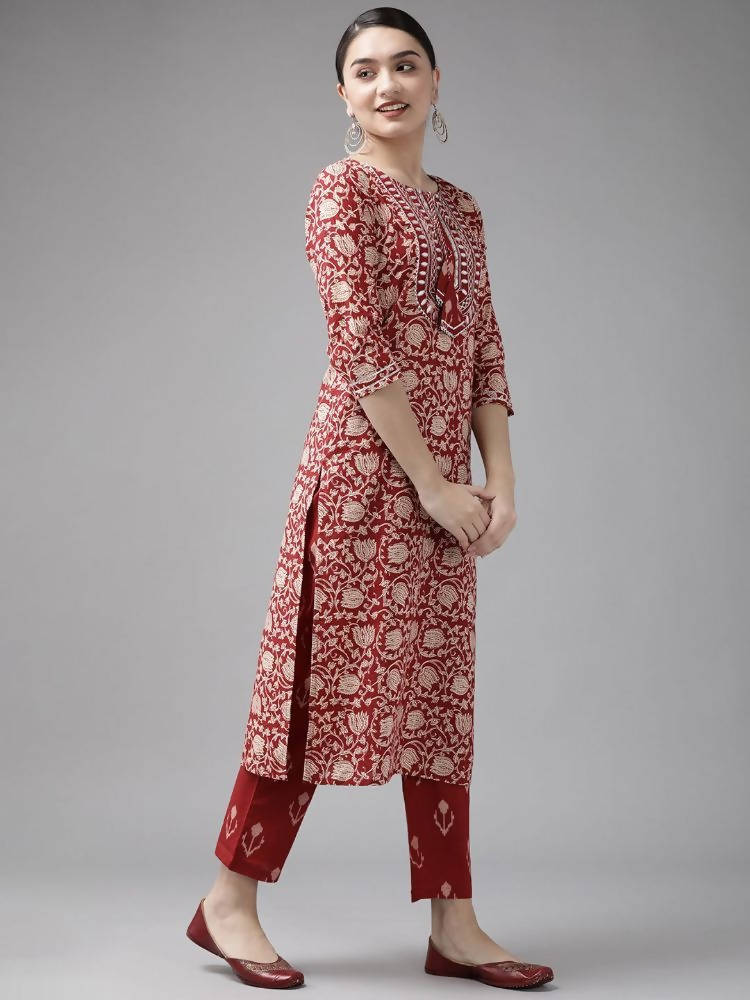 Yufta Maroon & Beige Ethnic Motifs Screen Print Cotton Straight Kurta Palazzo & Dupatta | Grocsy
