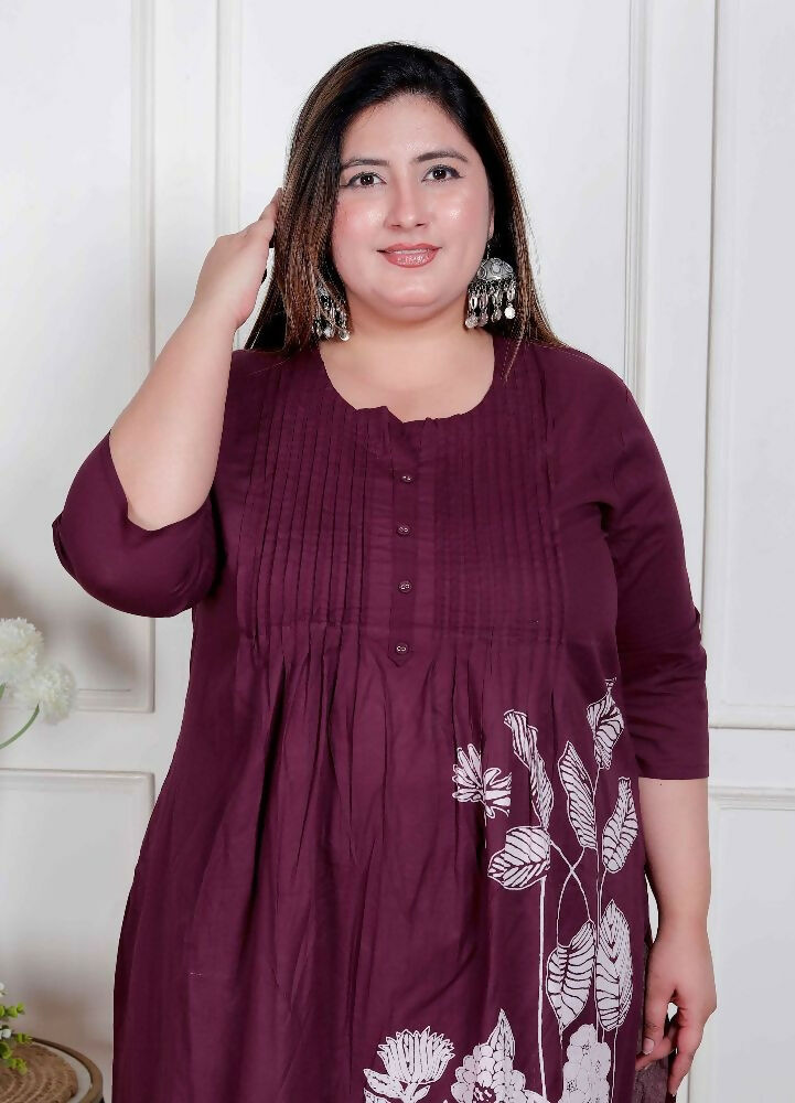 Miravan Womens Plus Size Wine Floral Kurta With Palazzo | Grocsy