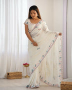 Vamsee Taniya White Silky Crush Saree | Grocsy