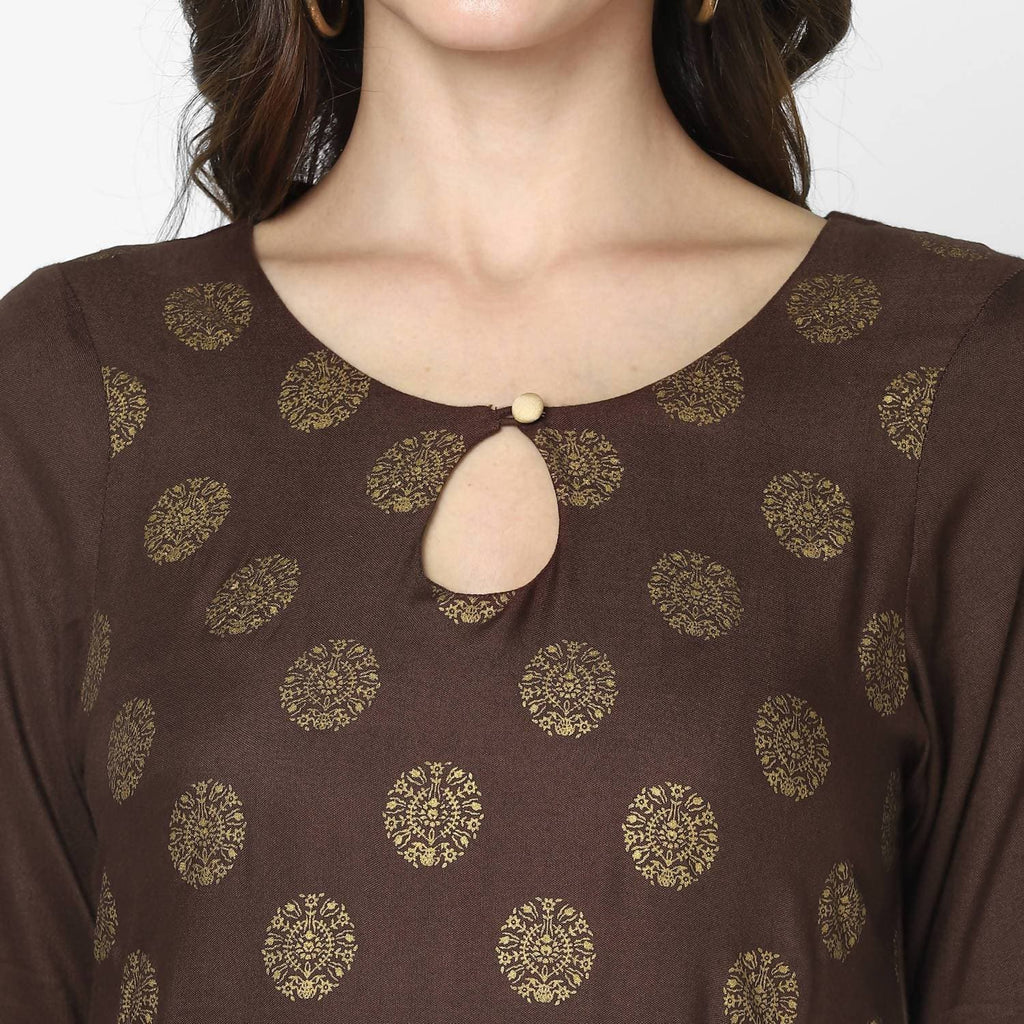 Indian Clothing Cheera Hand Block Print Brown A Line Kurta (MAAI-055K) | Grocsy