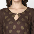 Indian Clothing Cheera Hand Block Print Brown A Line Kurta (MAAI-055K) | Grocsy