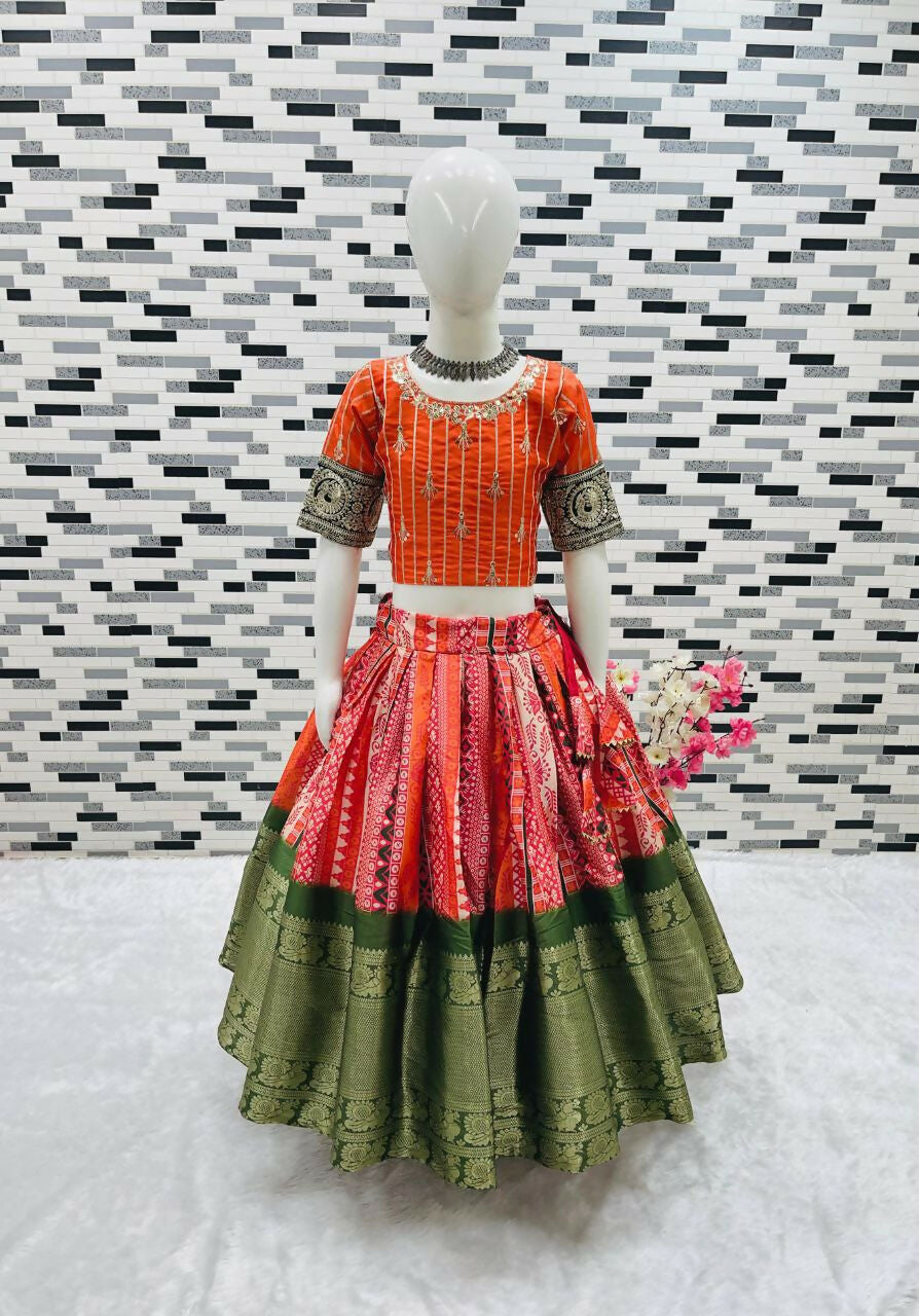 Jyoti Fashion Gorgeous Orange Pure Kota Silk Print with Zari Woven Kids Lehenga Choli Set | Grocsy