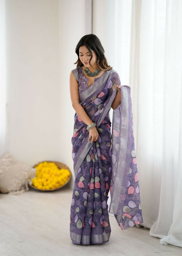 PR Fashion Lavender Linen Patta Printed Saree | Grocsy