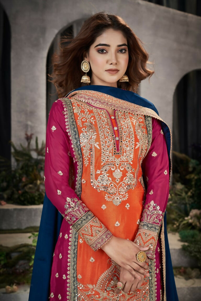 Partywear Designer Keshri Chinon Fabric suit - Shagun | Grocsy