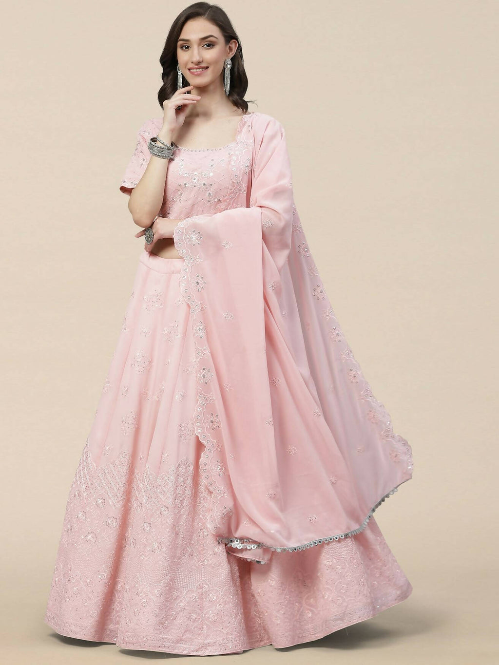 Pink Georgette Thread with Sequins Embroidered work Lehenga Choli with Dupatta - Jivika | Grocsy