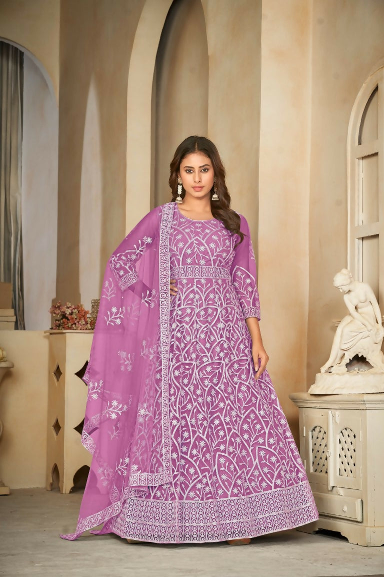 Jyoti Fashion Women's Purple Net Embroidered Anarkali Kurta Pant Set With Dupatta | Grocsy