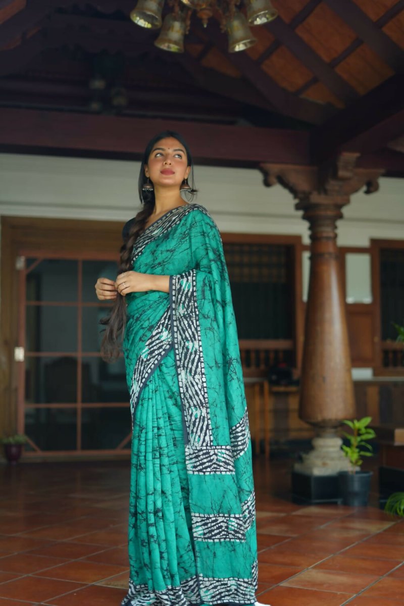 Arfa Fashion House Rama Pure Chanderi Cotton Batik Printed Saree | Grocsy