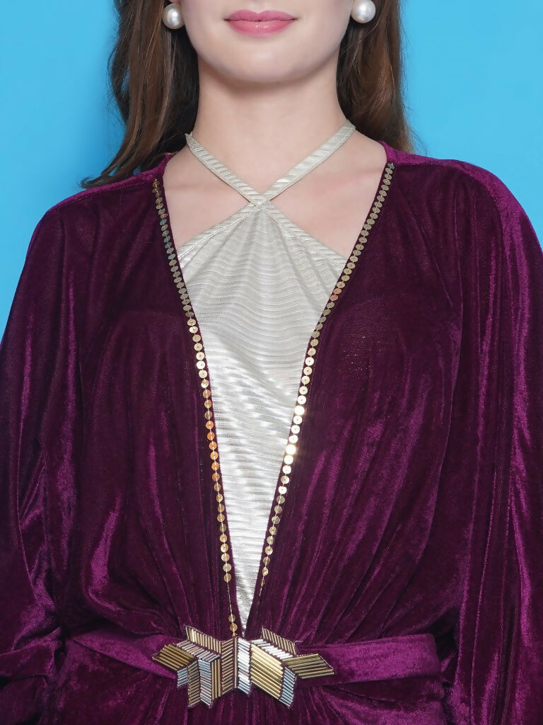 Joban Fashion Wine Velvet Gown With Silver Halter Neck Ineer | Grocsy
