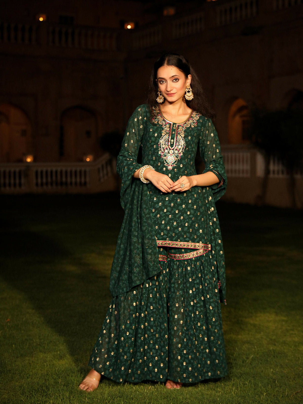 Juniper Women's The Swarn Jade Green Ethnic Motif Printed Georgette Kurta Pant And Dupatta With Sequins & Zari Work | Grocsy