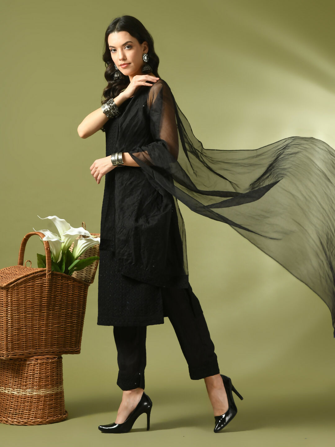 Myshka Women's Black Embroidered Cotton Straight Party Kurta Set With Dupatta | Grocsy
