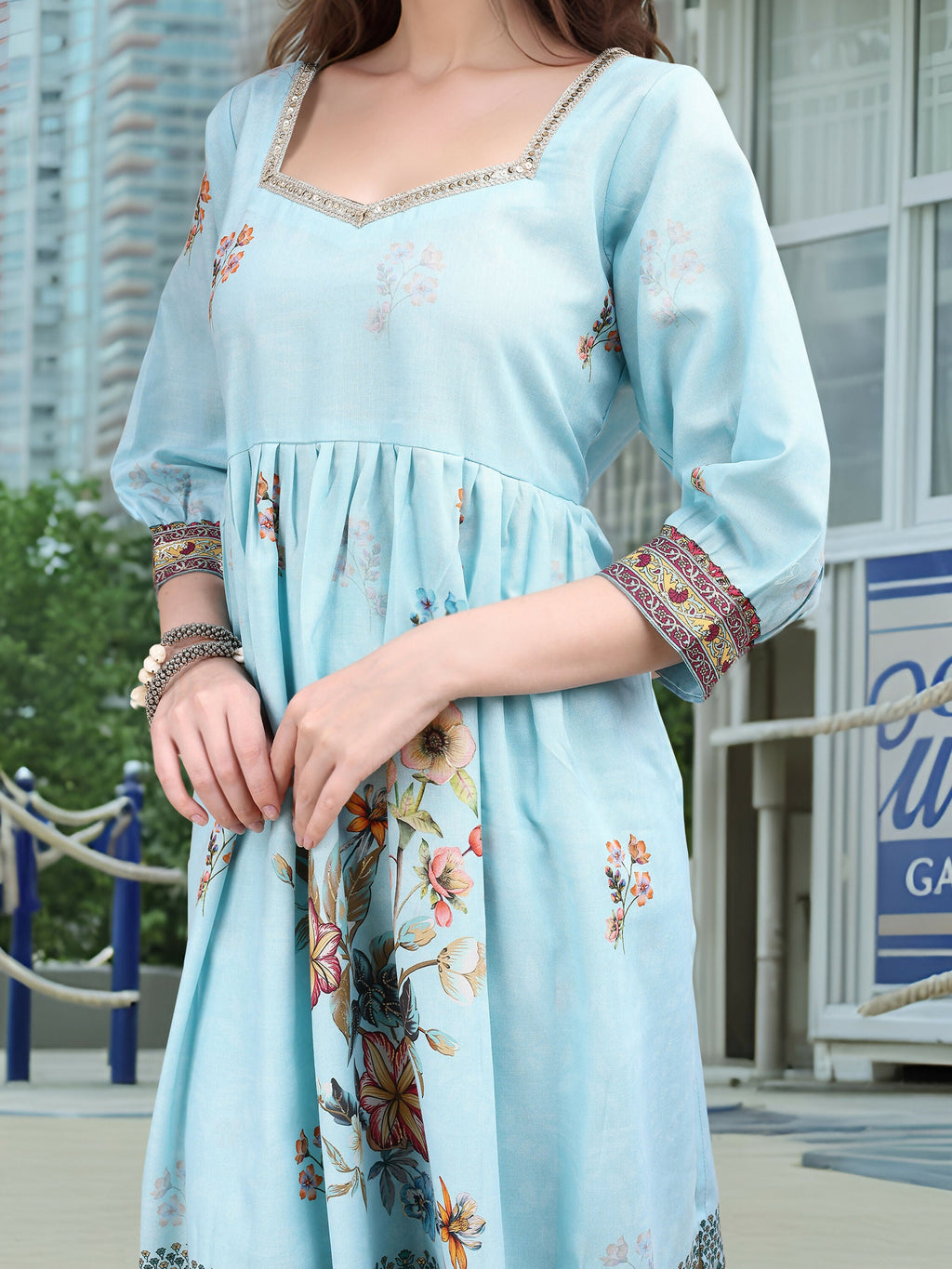 Joban Fashion Sky Blue Positive Digital Print With Position Foil Kurta Set | Grocsy