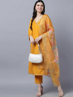 Myshka Stylish Mustard 3/4 Sleeve Women's Kurta Pant with Dupatta Set | Grocsy
