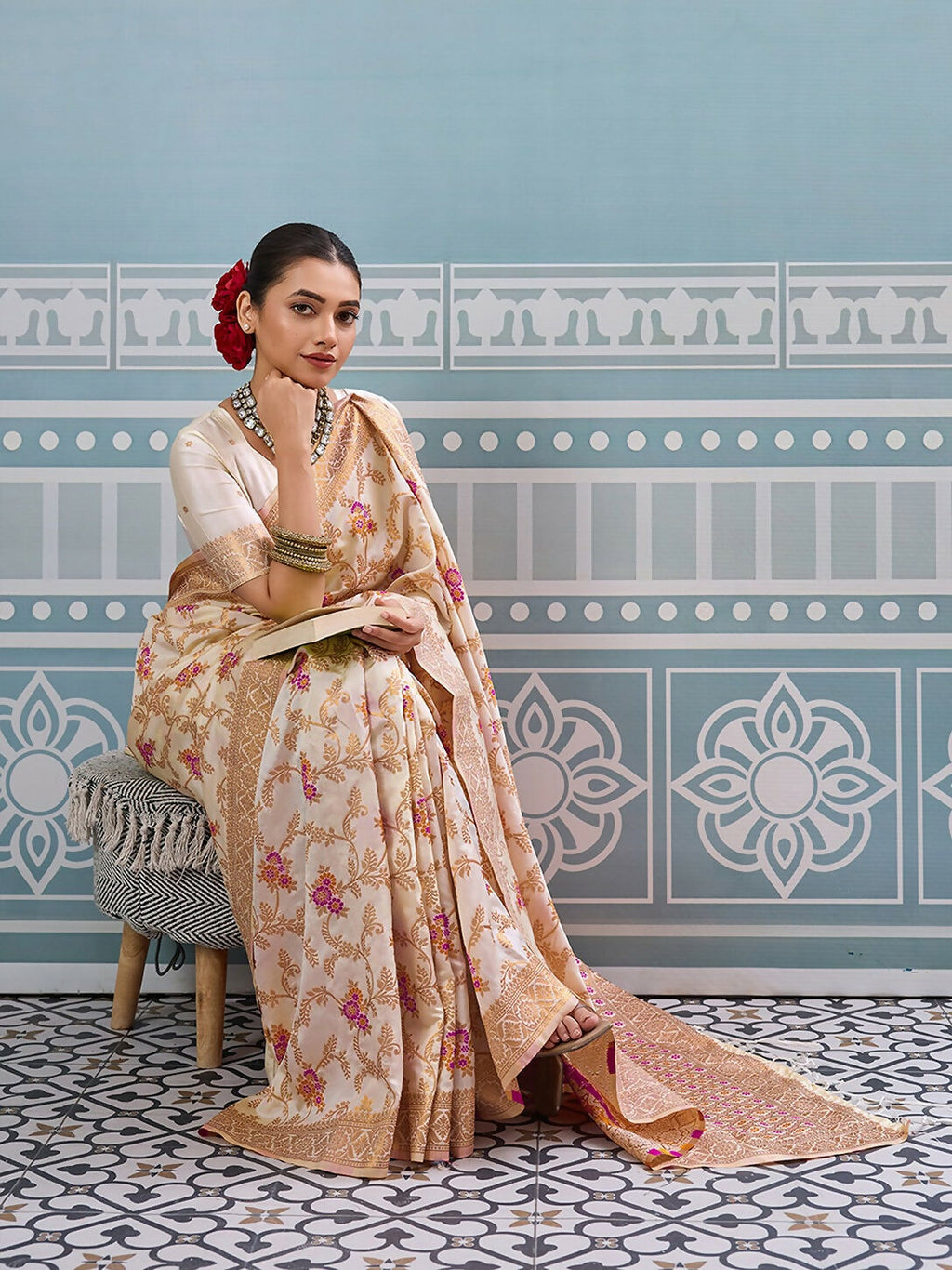 Shree Shyam Fashion Cream Silk Saree | Grocsy