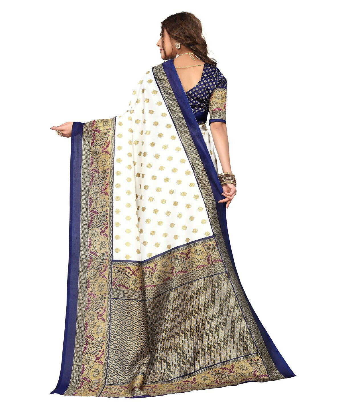 Vamika white & navy Printed Art Silk Saree | Grocsy