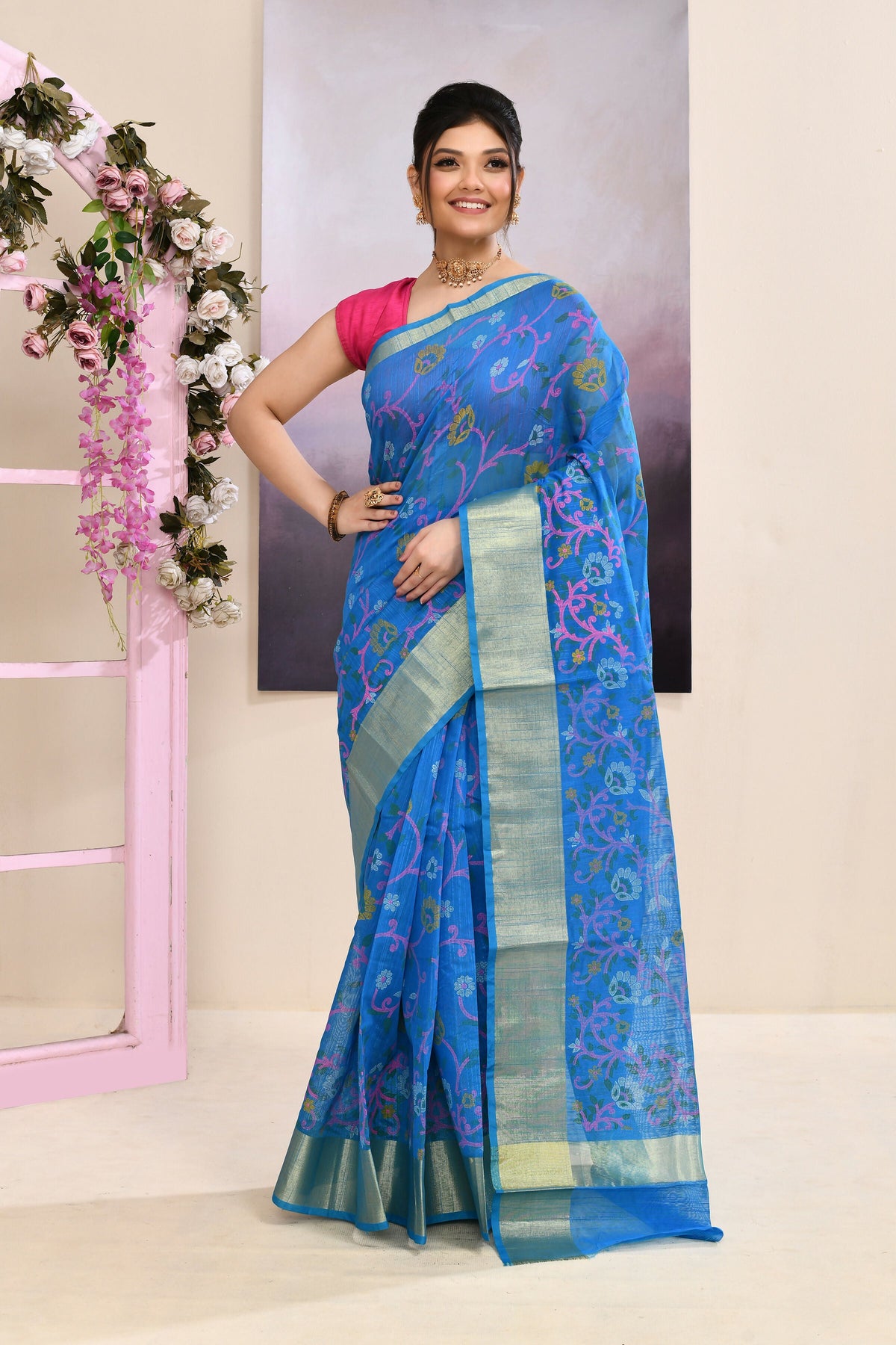 Piyari Fashion Women's Sky Blue Embellished Cotton Blend Printed Saree | Grocsy