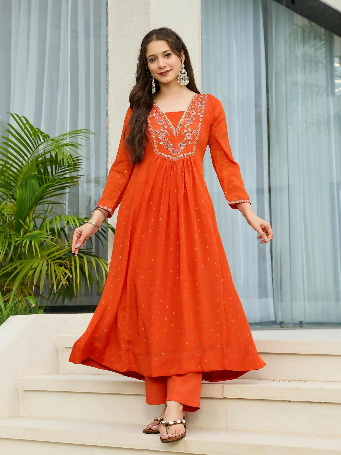 The52 Orange Women's Gorgeous Embroidered Chinon Fabric Flared Kurta Pant and Dupatta Set | Grocsy