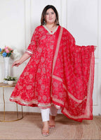 Miravan Plus Size Women'S Red Embroidered Anarkali Kurta And Dupatta  | Grocsy