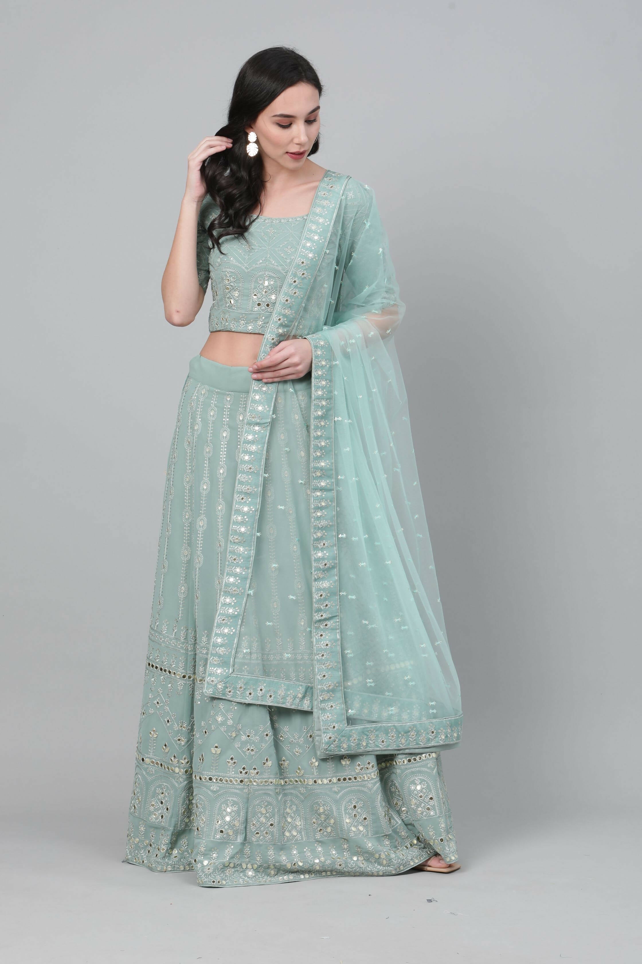 Dusty Green Georgette Sequins Embroidery with Mirror work Lehenga Choli with Dupatta - Jivika | Grocsy
