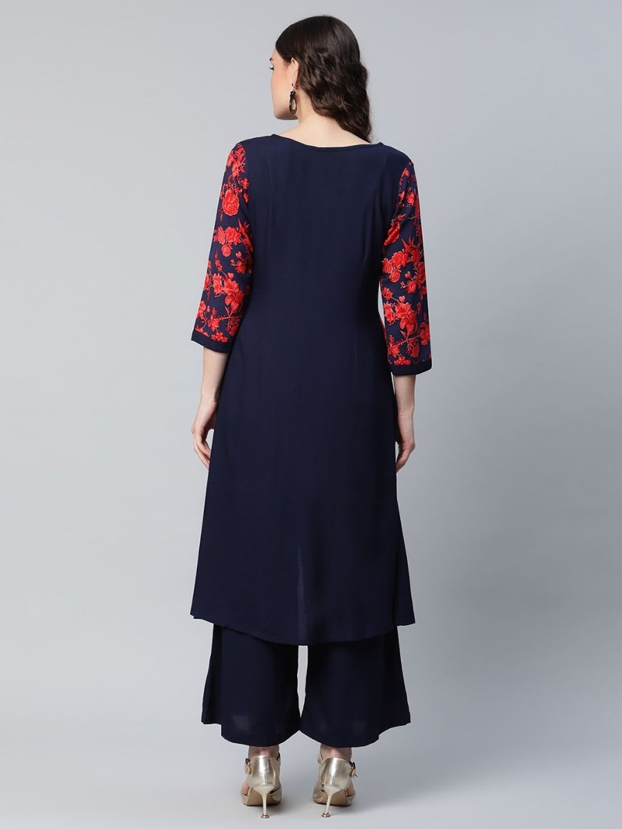 Ahalyaa Women's Navy Blue Rayon Wax Printed Kurta Palazzo Set | Grocsy