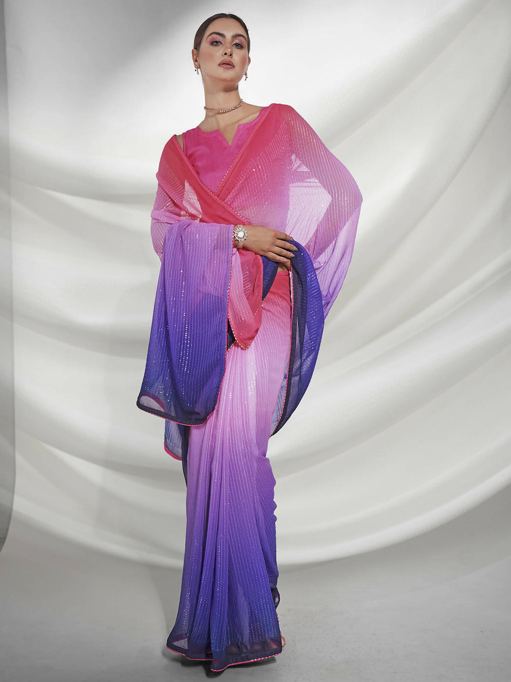 Pink Georgette Sequence Embroidery Saree With Unstitched Blouse Piece - Rajal | Grocsy