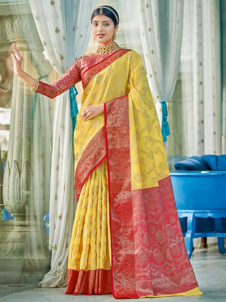 Shree Shyam Fashion Linen Cotton Yellow Saree | Grocsy