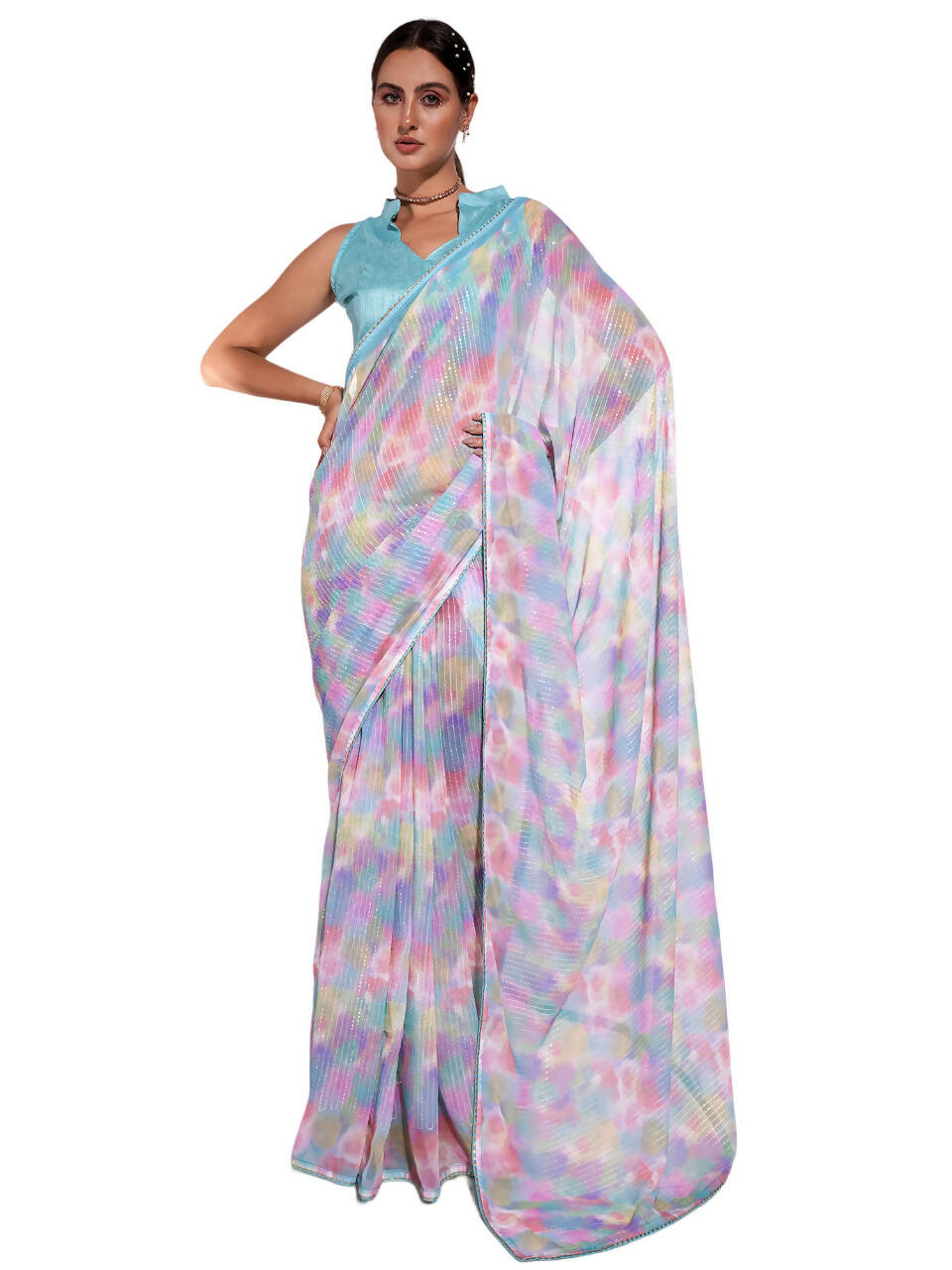 Blue Georgette Sequence Embroidery Saree With Unstitched Blouse Piece - Rajal | Grocsy