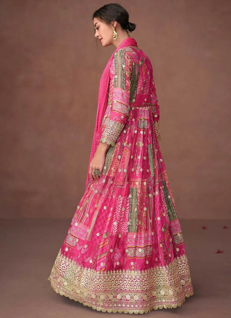 Vastranavya Pink Organza Silk Printed & Foil Mirror Work Anarkali Suit Set | Grocsy