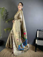 Joban Fashion Beige Peacock & Floral Motifs Tissue Paithani Saree | Grocsy
