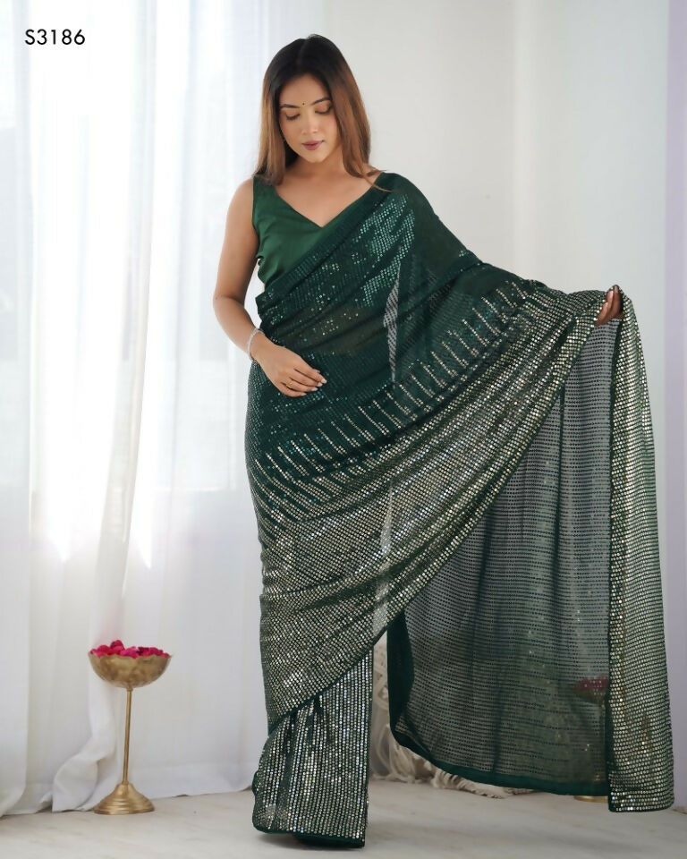 Green Georgette Designer Sequence Embroidery Work Saree - Sitare | Grocsy