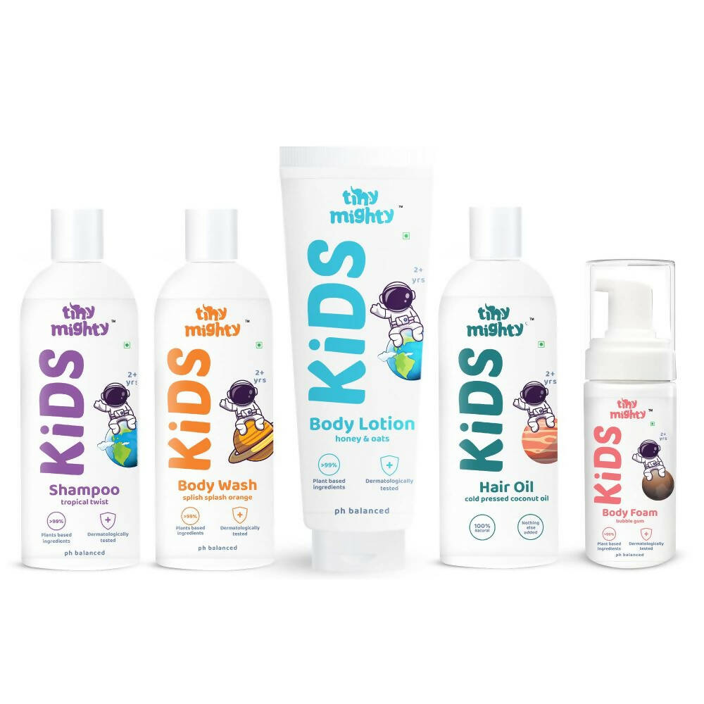 Tiny Mighty Kids Body Wash, Body Foam Wash, Body Lotion, Shampoo & Hair Oil Combo | Grocsy
