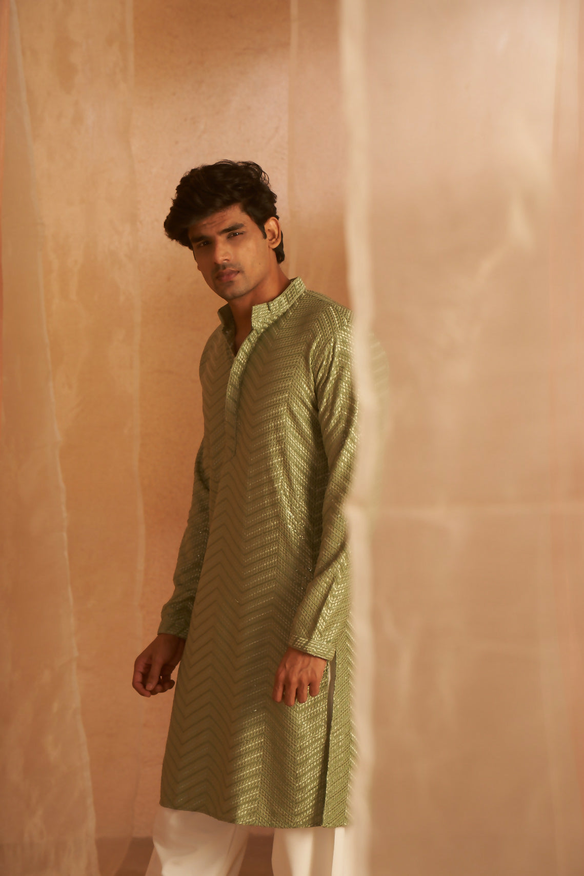 Pastel Green Viscose Embroidery Work Men's Kurta Set - Mahotsav | Grocsy