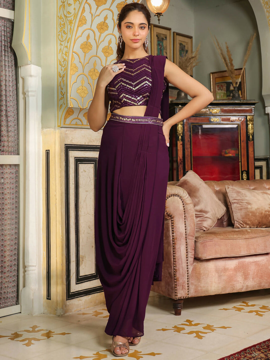 Janasya Purple Georgette Sequined Saree and Blouse | Grocsy