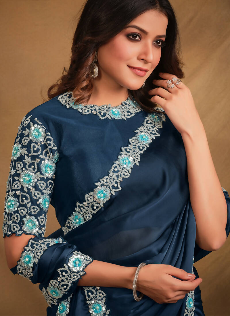 Navy Blue Satin Silk Georgette Designer Saree with Unstitched Blouse - Norita Mahitha | Grocsy