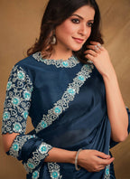 Navy Blue Satin Silk Georgette Designer Saree with Unstitched Blouse - Norita Mahitha | Grocsy