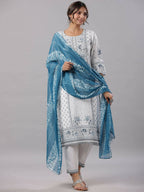 Juniper Women Sky-Blue Rayon Staple Kalamkari Printed Kurta, Pants and Dupatta Set | Grocsy