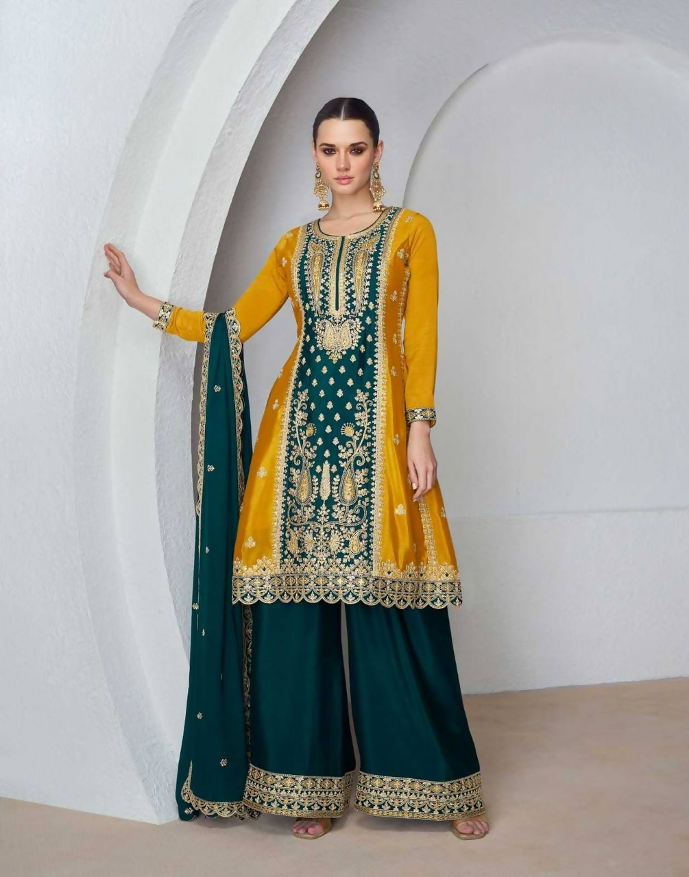 Lorenvalley Fashion Yellow and Rama Chinon Embroidery With Sequince Work Salwar Kameez Stitched | Grocsy
