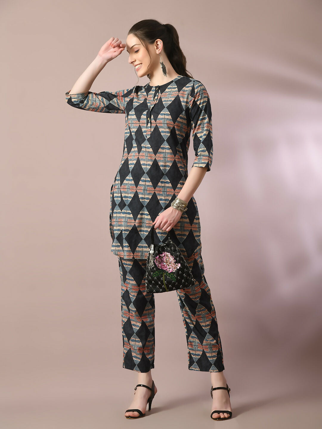 Myshka Women's Multi Printed Cotton Round Neck Party Tunic With Trousers Co-ord set | Grocsy